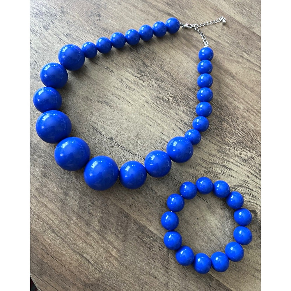 Y2K Blue Round Beaded Adjustable Jewelry Set w/ Necklace and Bracelet